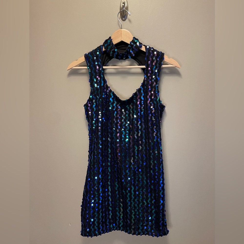 Vintage Flirtations 90s Iridescent Purple Teal Sequin Choker Stretch Mini Dress